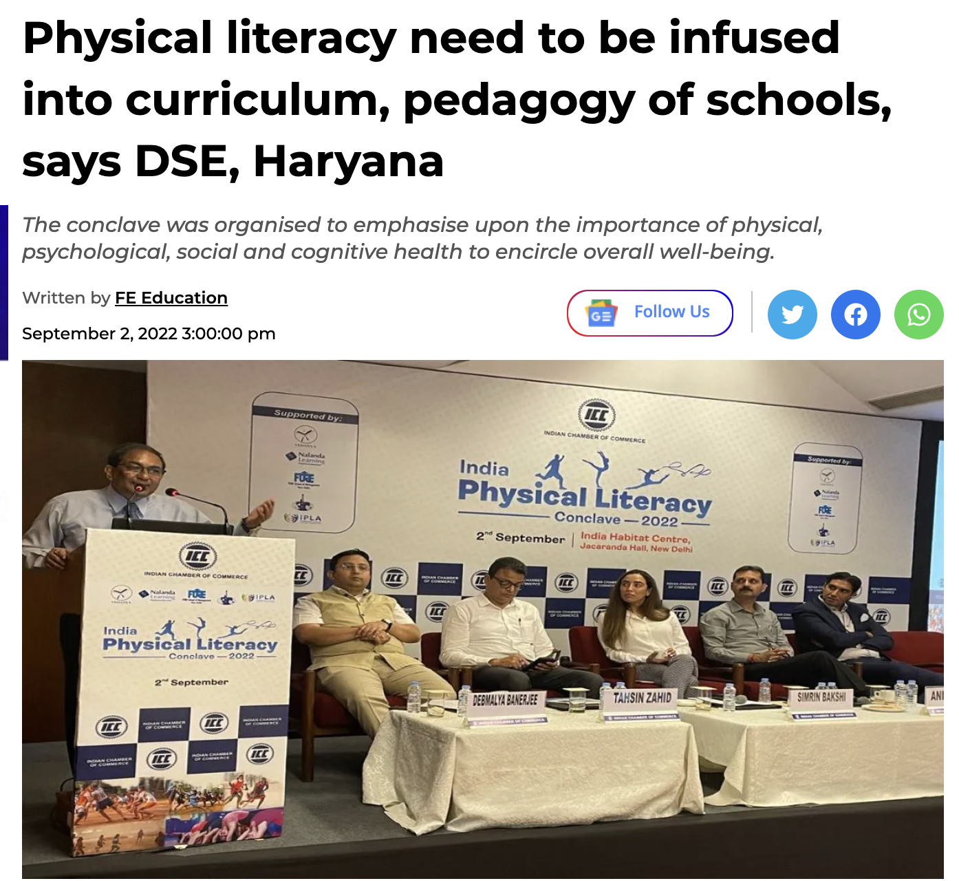 Physical literacy need to be infused into curriculum, pedagogy of schools, says DSE, Haryana